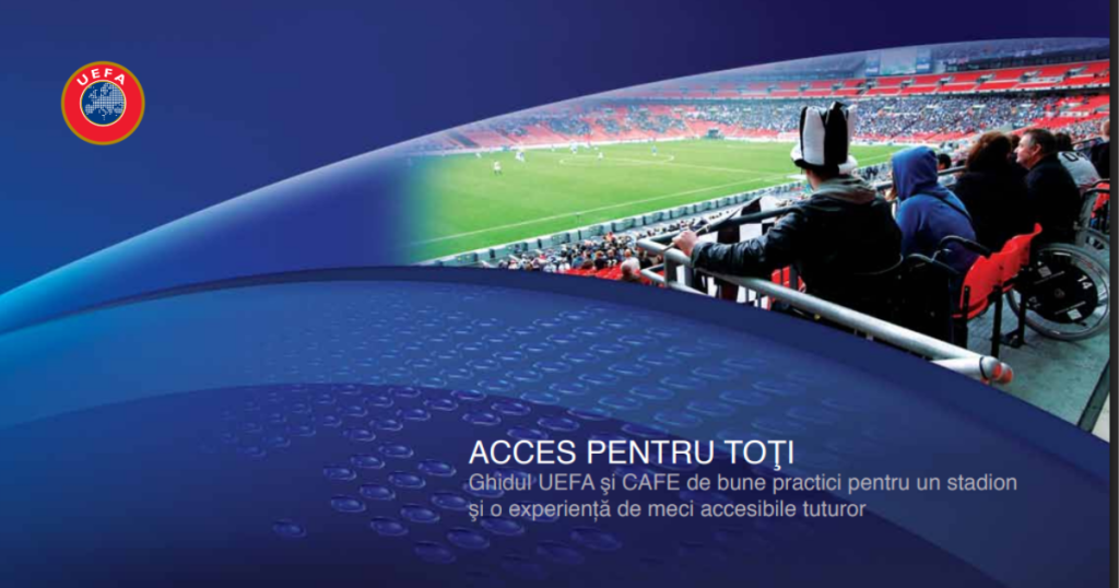 Copertă UEFA cu spectatori pe stadion și mesaj despre accesibilitate.