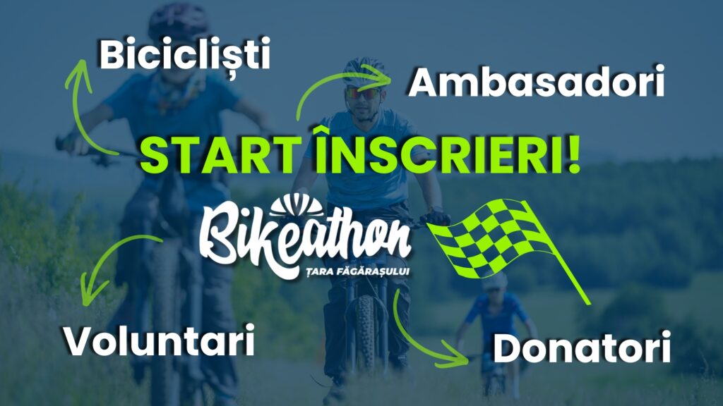 Afiș promoțional pentru Bikeathon Țara Făgărașului, cu cicliști în mișcare pe fundal și mesajul „Start înscrieri”, evidențiind rolurile de participanți: bicicliști, ambasadori, voluntari și donatori.