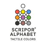 Logo-ul Scripor Alphabet – Tactile Colors prezintă un sistem de cercuri colorate (roșu, galben, albastru, portocaliu, mov, verde, negru, maro, gri și alb) conectate prin linii subțiri negre, sugerând un alfabet tactil bazat pe culori. Textul „SCRIPOR ALPHABET” apare dedesubt, urmat de „TACTILE COLORS”.