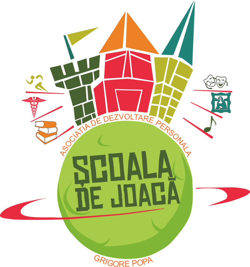 Logo colorat pentru Școala de Joacă – Asociația de Dezvoltare Personală Grigore Popa. Are un castel stilizat în culori vii, un cerc verde cu textul „Școala de Joacă” și simboluri educative (cărți, teatru, muzică, medicină) în jur.
