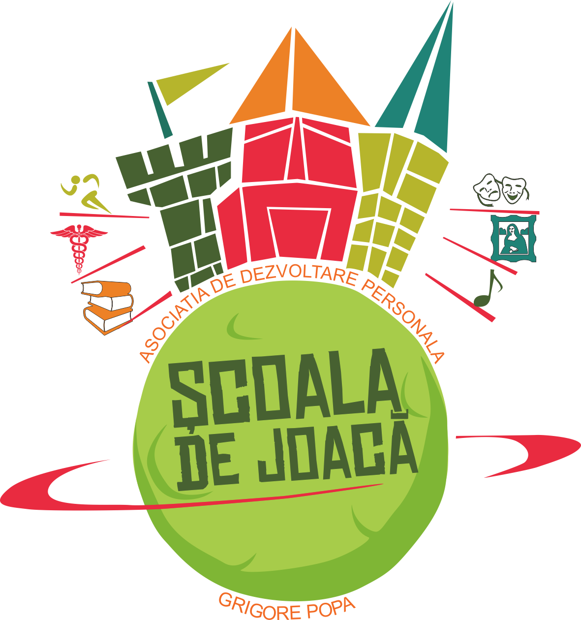 Logo colorat pentru Școala de Joacă – Asociația de Dezvoltare Personală Grigore Popa. Are un castel stilizat în culori vii, un cerc verde cu textul „Școala de Joacă” și simboluri educative (cărți, teatru, muzică, medicină) în jur.