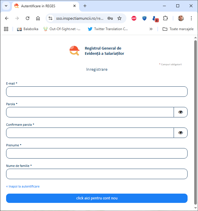 Pagina de înregistrare în sistemul REGES – Registrul General de Evidență a Salariaților. Se afișează formularul de creare cont cu câmpuri pentru: e-mail, parolă, confirmare parolă, prenume și nume de familie. În partea de jos este un buton albastru cu textul «click aici pentru cont nou»