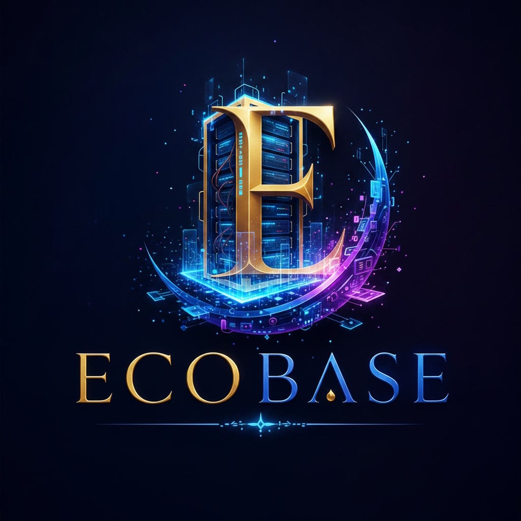 Logo ECOBASE cu monograma „E” stilizată, elemente tehnologice și efecte luminoase albastre pe fundal închis.