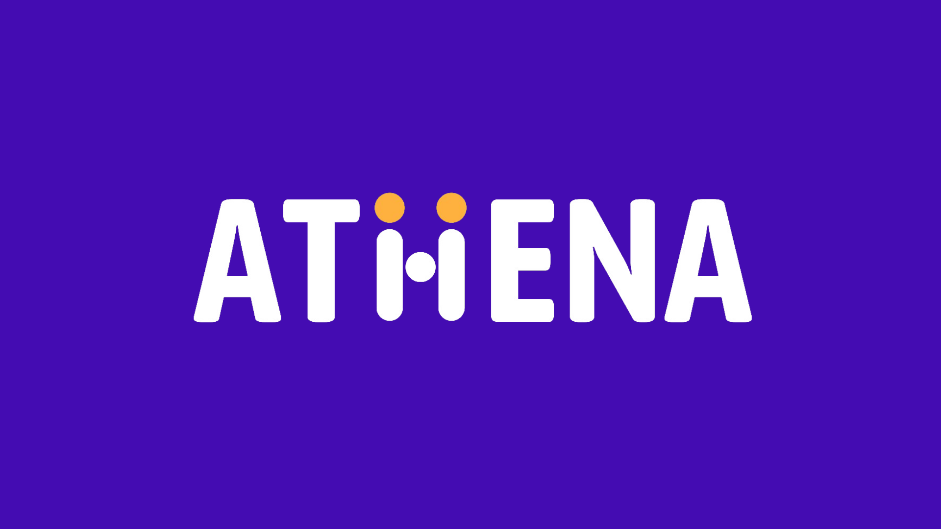 Logo ATHENA alb pe fundal mov, cu litera H stilizată prin două siluete umane și un punct central.