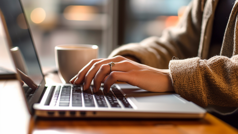Prim-plan cu mâinile unei persoane care tastează la un laptop, lângă o cană de cafea, într-un spațiu de lucru.