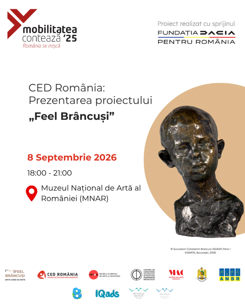 Afiș „Feel Brâncuși”: prezentarea proiectului pe 8 septembrie 2026, ora 18:00, la Muzeul Național de Artă al României.