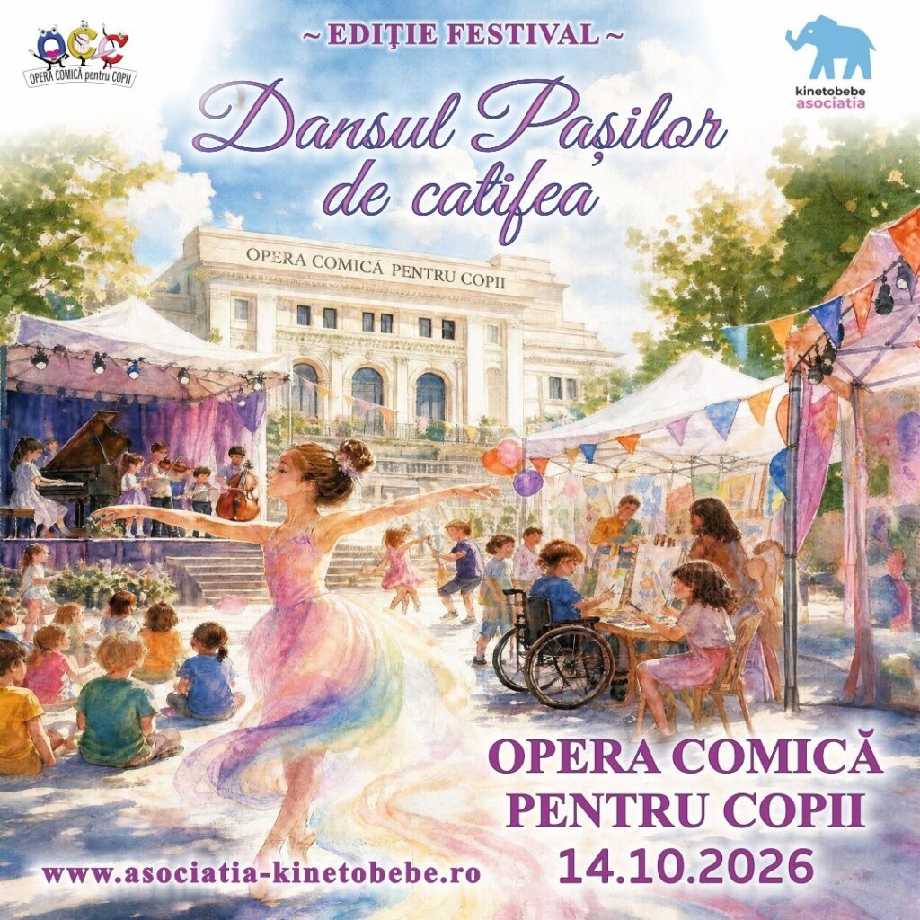 Ilustrație cu festival pentru copii la Opera Comică, cu balerină, muzicieni, ateliere creative și copii cu dizabilități.
